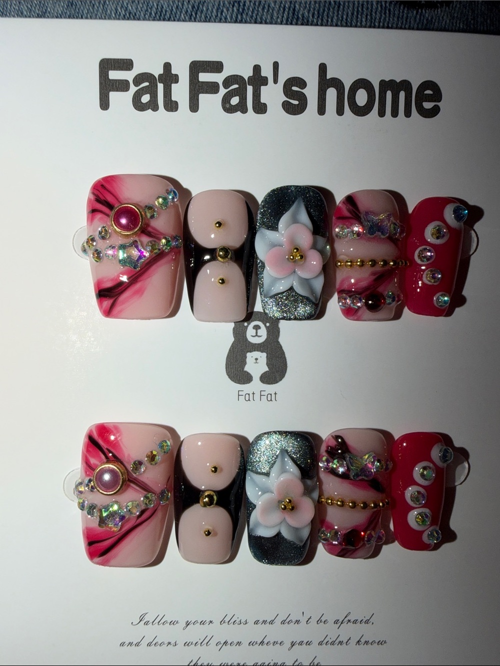 Pink Floral & Rhinestone Press-On Nail Set - Women Accessories